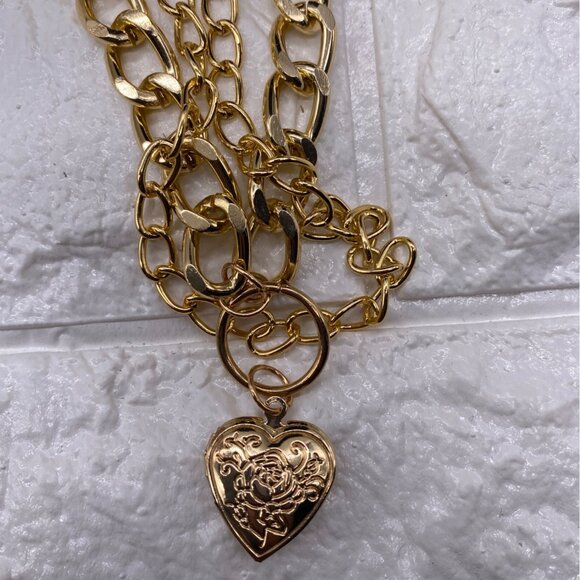 Double-Strand Curb Chain Heart Pendant Women’s Necklace Gold Tone - Picture 5 of 12